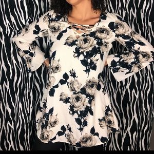 Lattice V Neck White Floral Dark Floral Mini Dress